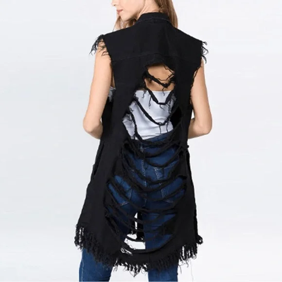 BRAND NEW WOMENS BLACK LONGLINE DISTRESSED DENIM VEST NWT - Picture 2 of 4